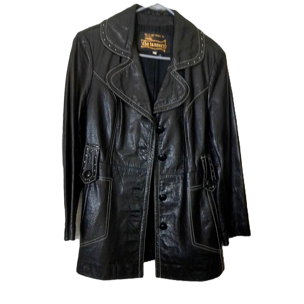 Vintage Montgomery Ward The Tannery Black Leather Jacket Car Coat Size 15/16